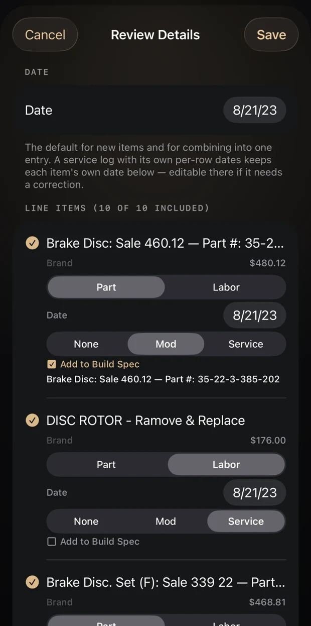 Glovebox Review Details screen: invoice date and first line items extracted
