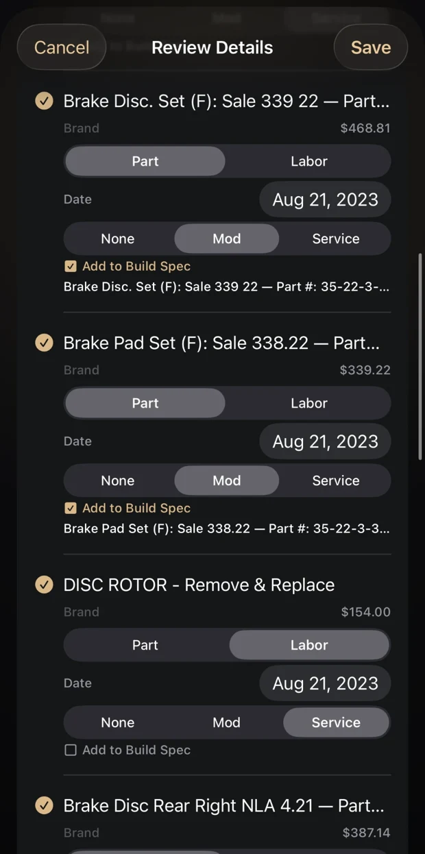 Glovebox Review Details screen: brake parts and a labor line