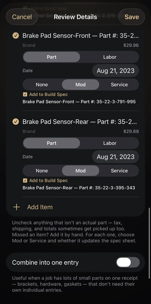 Glovebox Review Details screen: remaining parts, all with part numbers