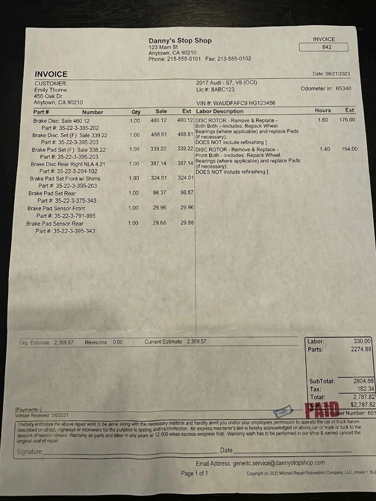 Danny's Stop Shop invoice
